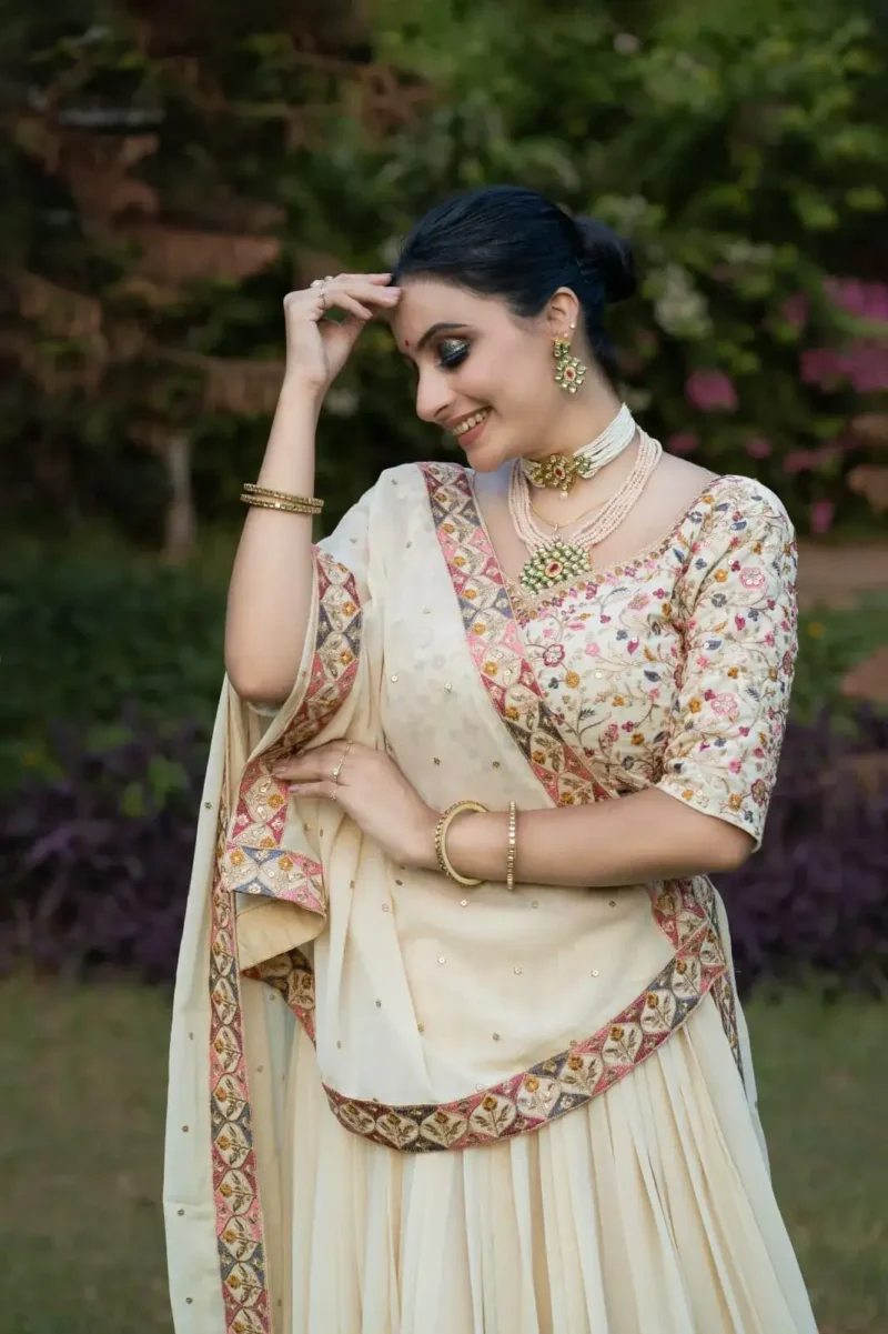 Off White Sequins Thread Embroidered Georgette Lehenga choli