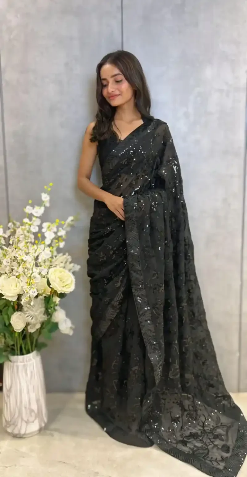 Party Wear Sequins Embroidered Heavy Georgette Saree