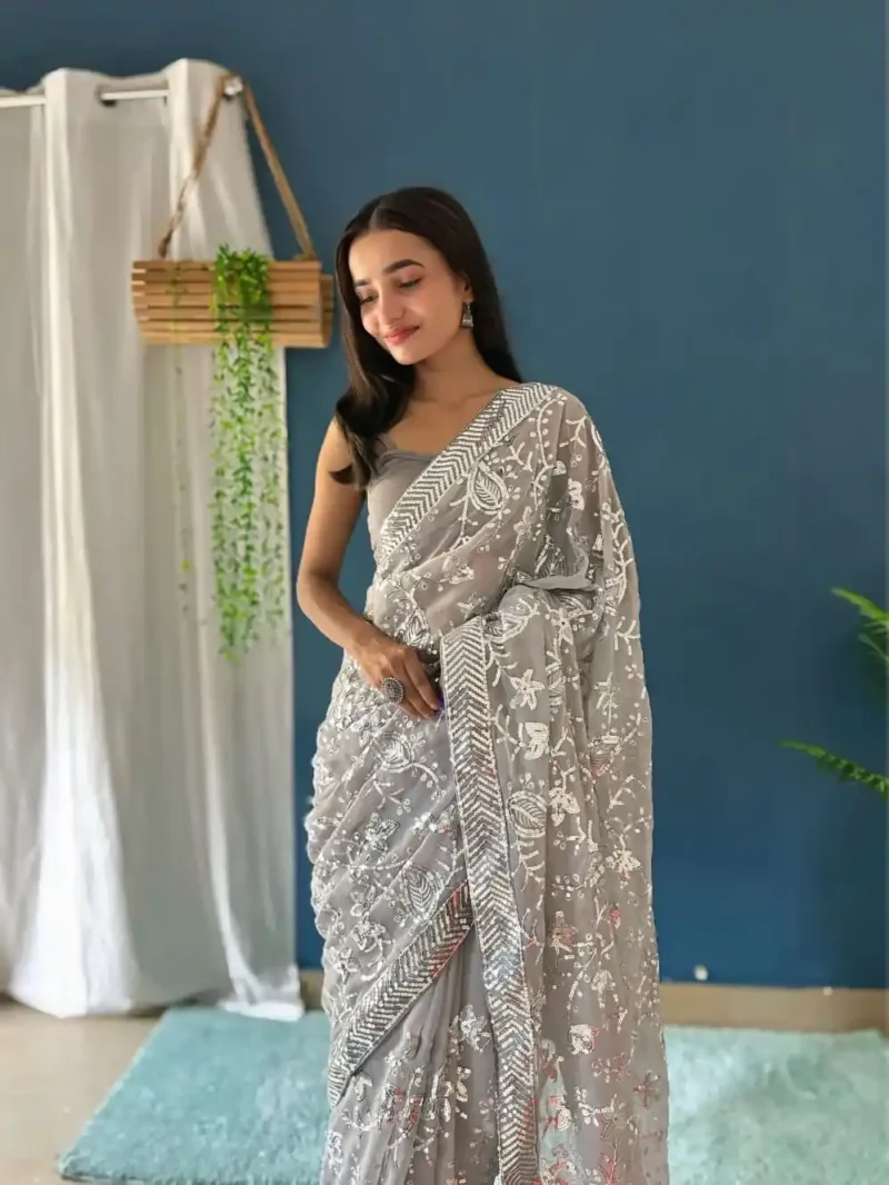 Party Wear Sequins Embroidered Heavy Georgette Saree