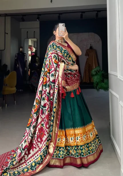 Patola Printed Foil Work Tussar Silk Lehenga Choli