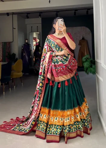 Patola Printed Foil Work Tussar Silk Lehenga Choli