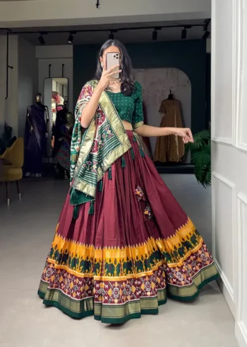 Patola Printed Foil Work Tussar Silk Lehenga Choli
