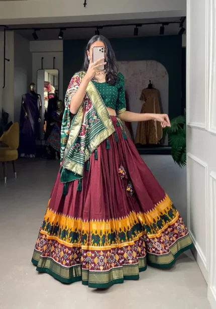 Patola Printed Foil Work Tussar Silk Lehenga Choli