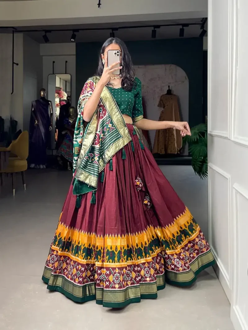 Patola Printed Foil Work Tussar Silk Lehenga Choli