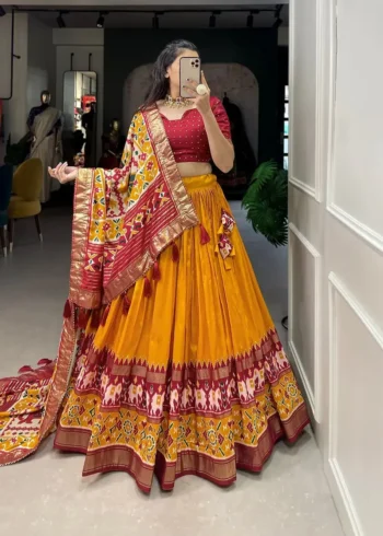 Patola Printed Foil Work Tussar Silk Lehenga Choli