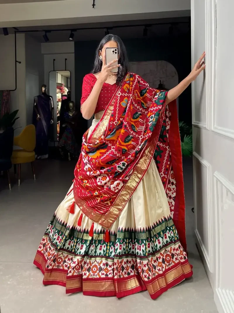 Patola Printed Foil Work Tussar Silk Lehenga Choli