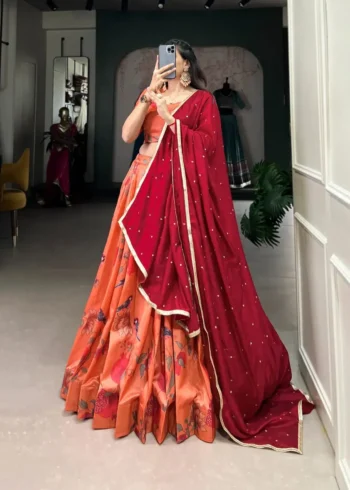 Peach Floral & Birds Printed Tussar Silk Lehenga for Bridesmaid