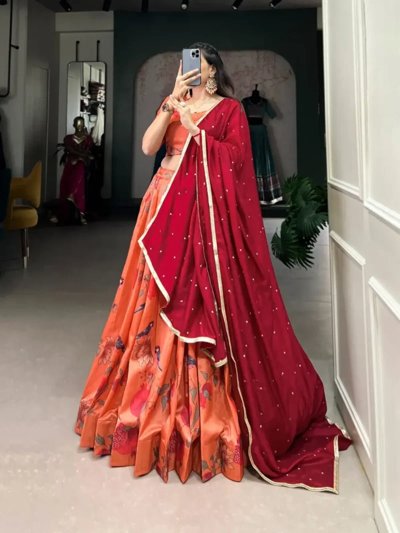 Peach Floral & Birds Printed Tussar Silk Lehenga for Bridesmaid