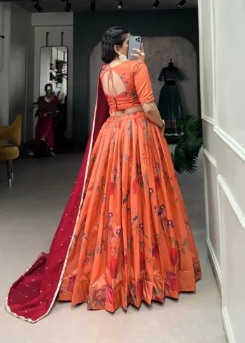 Peach Floral & Birds Printed Tussar Silk Lehenga for Bridesmaid