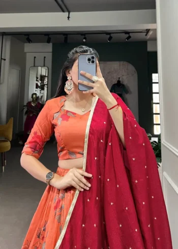 Peach Floral & Birds Printed Tussar Silk Lehenga for Bridesmaid