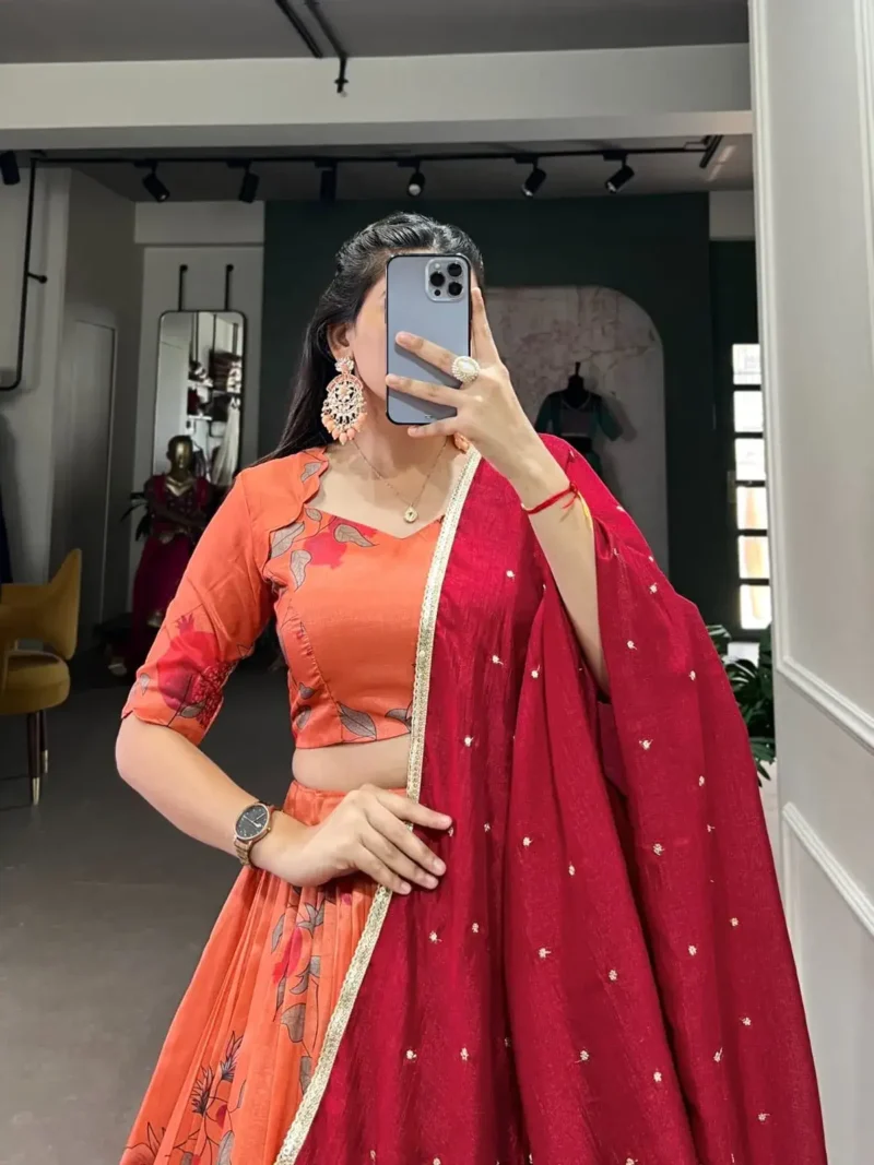 Peach Floral & Birds Printed Tussar Silk Lehenga for Bridesmaid