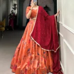 Peach Floral & Birds Printed Tussar Silk Lehenga for Bridesmaid