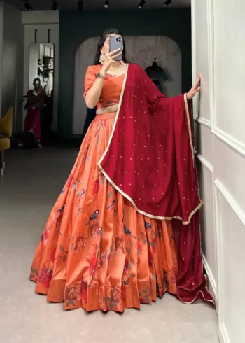 Peach Floral & Birds Printed Tussar Silk Lehenga for Bridesmaid