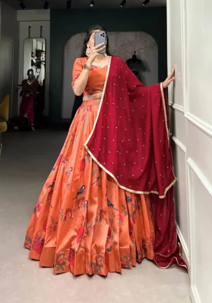 Peach Floral & Birds Printed Tussar Silk Lehenga for Bridesmaid