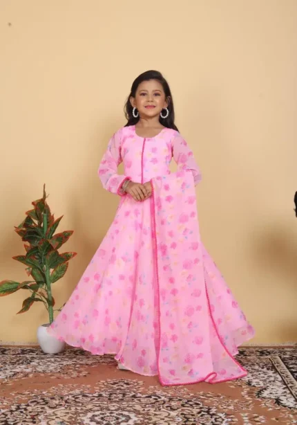 Pink Rose Printed Gown for Kids