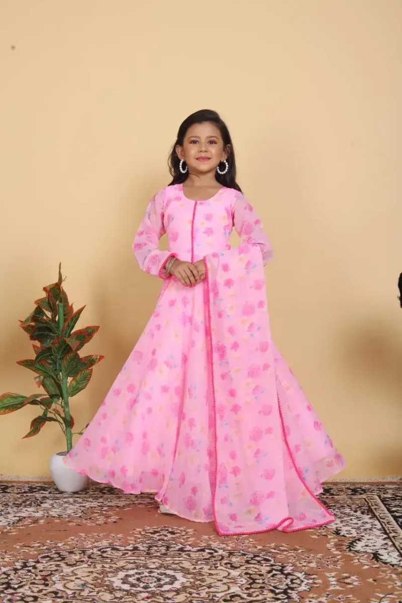 Pink Rose Printed Gown for Kids