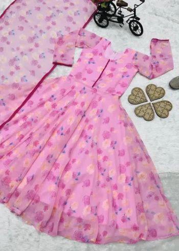 Pink Rose Printed Gown for Kids