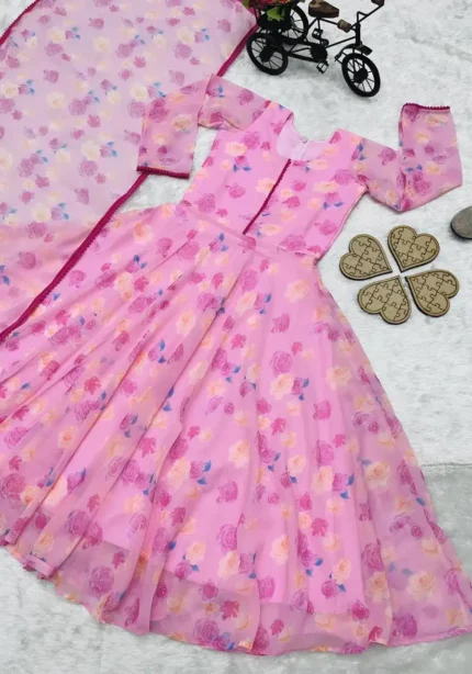 Pink Rose Printed Gown for Kids