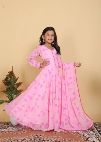 Pink Rose Printed Gown for Kids