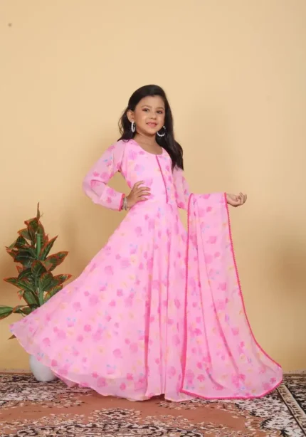 Pink Rose Printed Gown for Kids