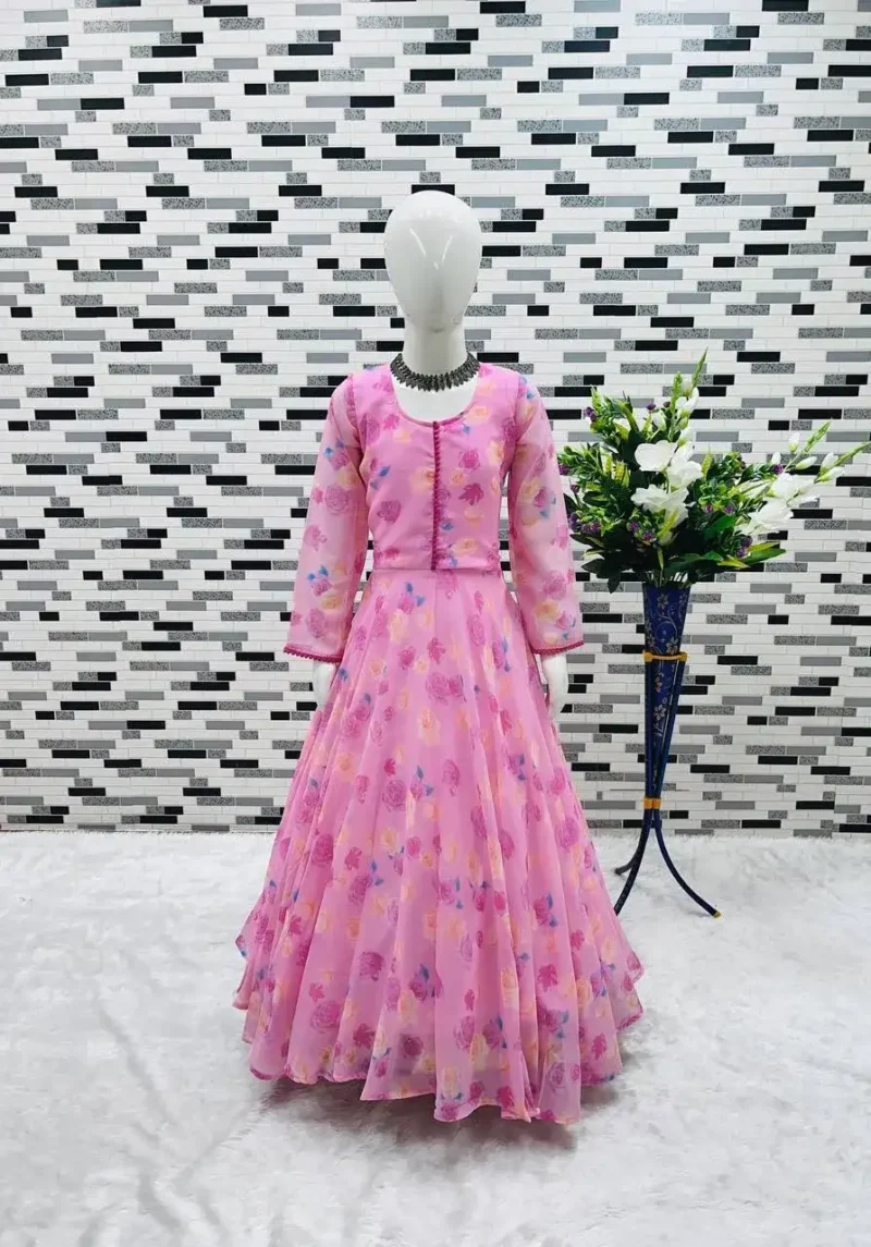 Pink Rose Printed Gown for Kids