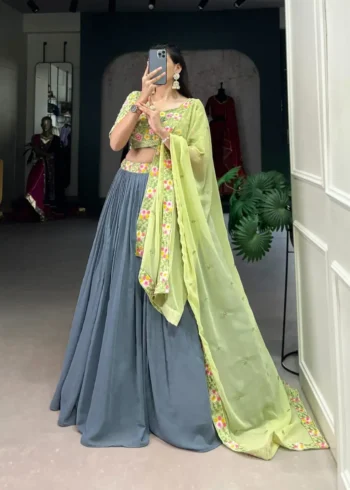 Plain Sequins Embroidered Grey Lehenga Choli