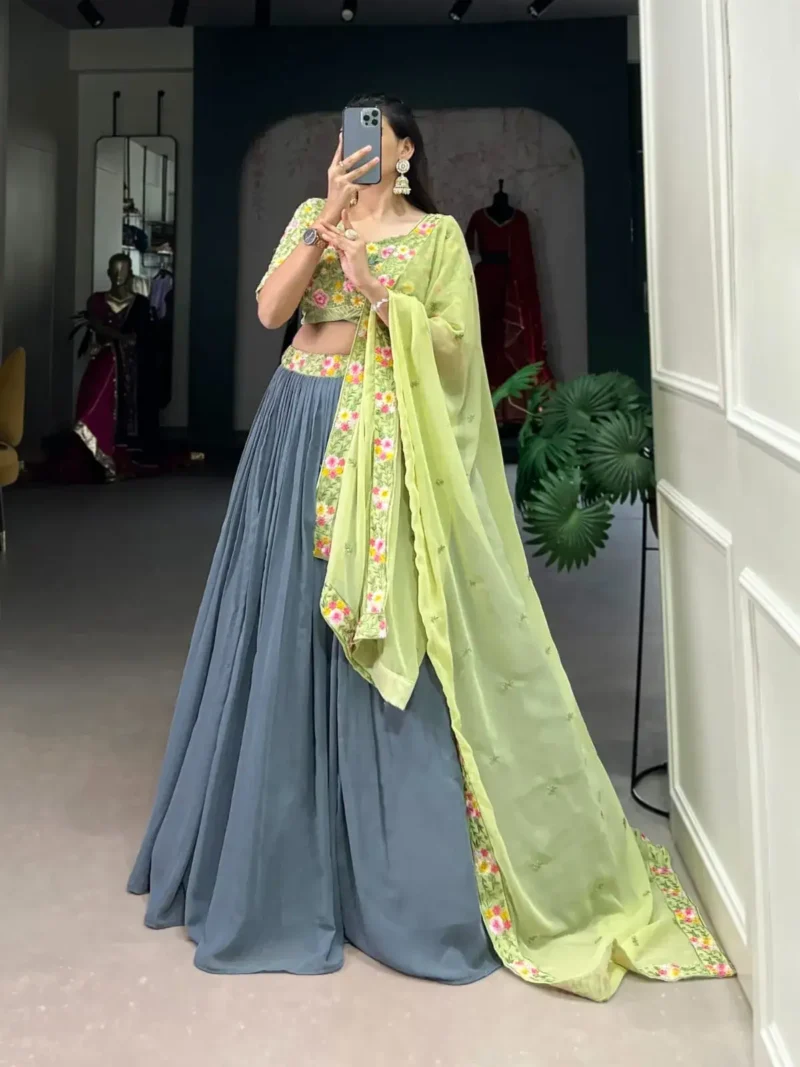 Plain Sequins Embroidered Grey Lehenga Choli