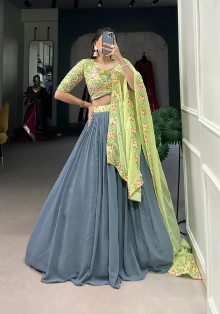 Plain Sequins Embroidered Grey Lehenga Choli