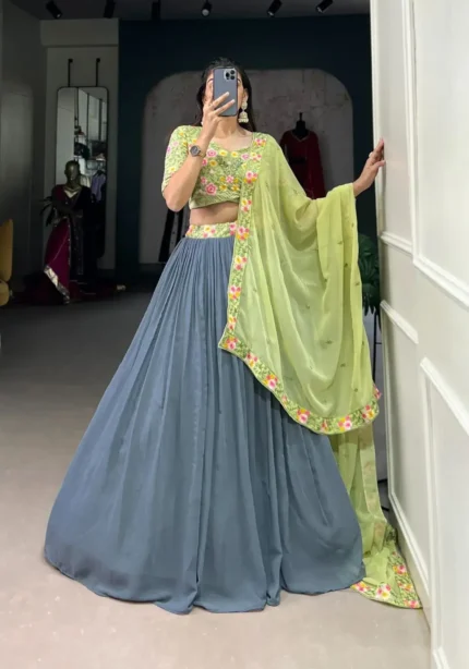 Plain Sequins Embroidered Grey Lehenga Choli