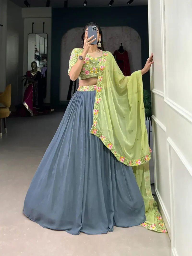 Plain Sequins Embroidered Grey Lehenga Choli