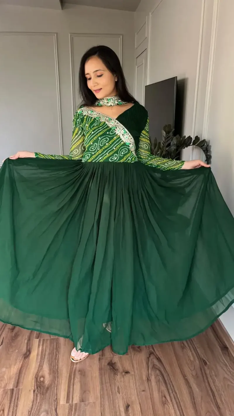 Pure Bandhej Sequins Embroidered Gown with Dupatta