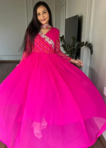 Pure Bandhej Sequins Embroidered Gown with Dupatta