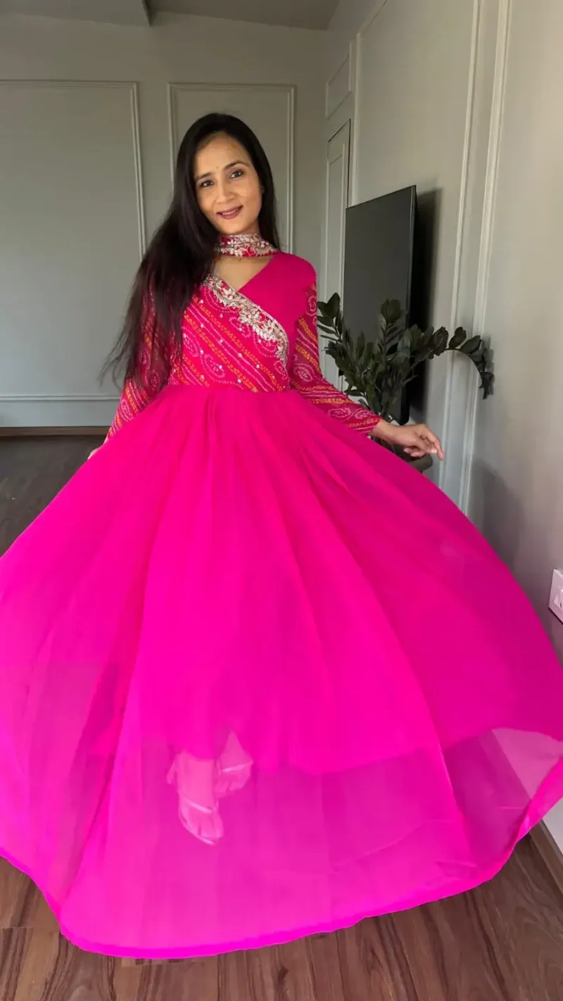 Pure Bandhej Sequins Embroidered Gown with Dupatta