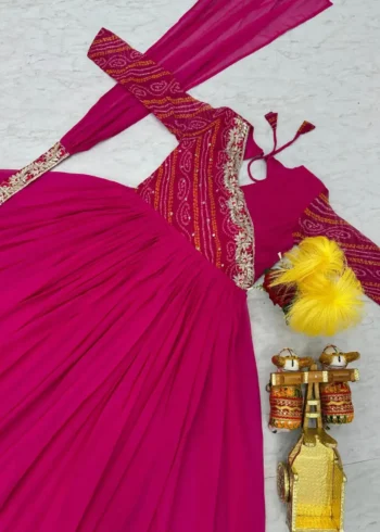 Pure Bandhej Sequins Embroidered Gown with Dupatta