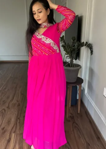Pure Bandhej Sequins Embroidered Gown with Dupatta