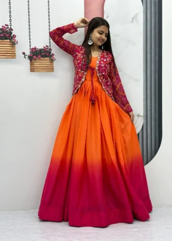 Pure Chinon Long Gown with Bandhej Jacket