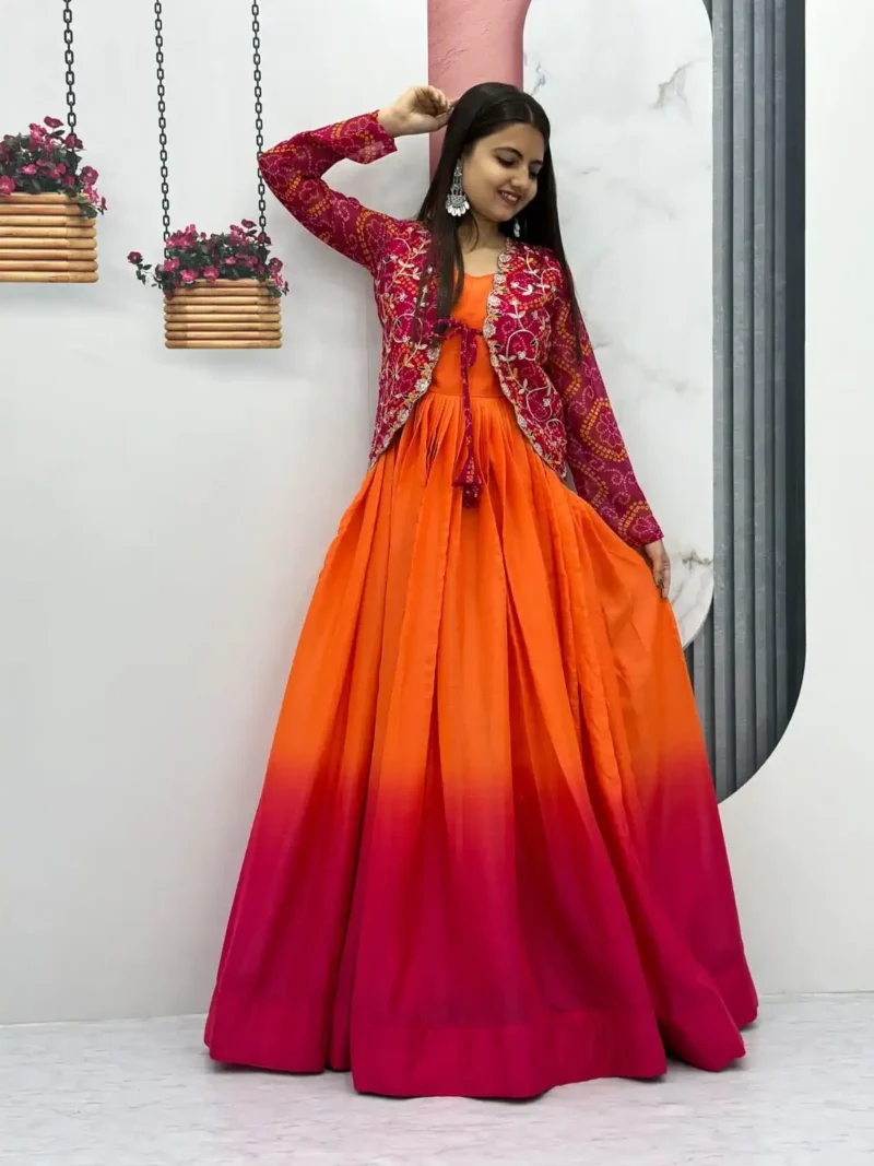 Pure Chinon Long Gown with Bandhej Jacket