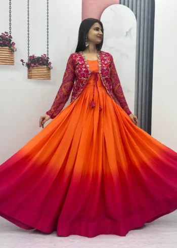 Pure Chinon Long Gown with Bandhej Jacket