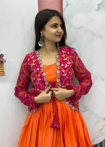 Pure Chinon Long Gown with Bandhej Jacket