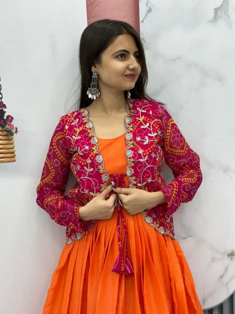 Pure Chinon Long Gown with Bandhej Jacket