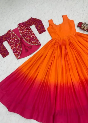 Pure Chinon Long Gown with Bandhej Jacket