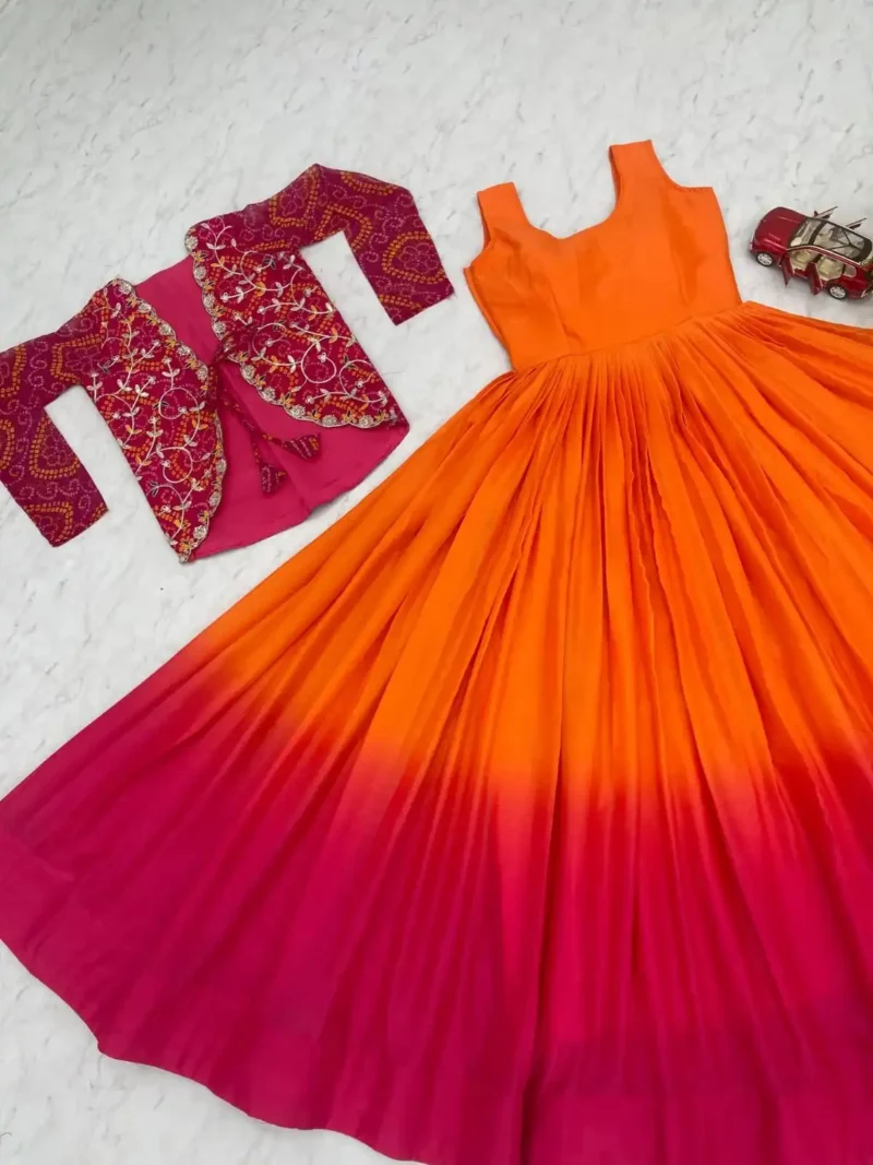 Pure Chinon Long Gown with Bandhej Jacket