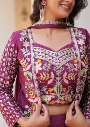 Pure Chinon Thread Work Lehenga Choli with Koti