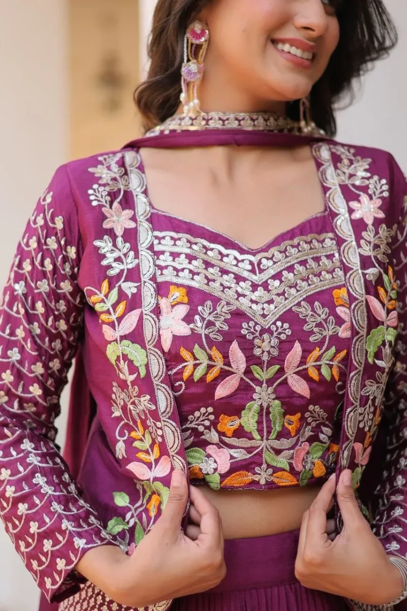 Pure Chinon Thread Work Lehenga Choli with Koti