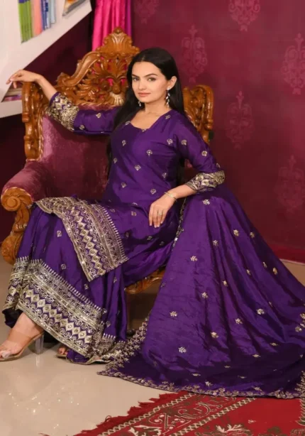 Purple Color Designer Sequins Embroidered Chinon Suit for Wedding