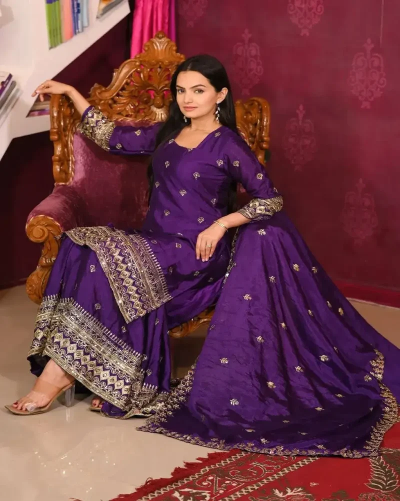 Purple Color Designer Sequins Embroidered Chinon Suit for Wedding
