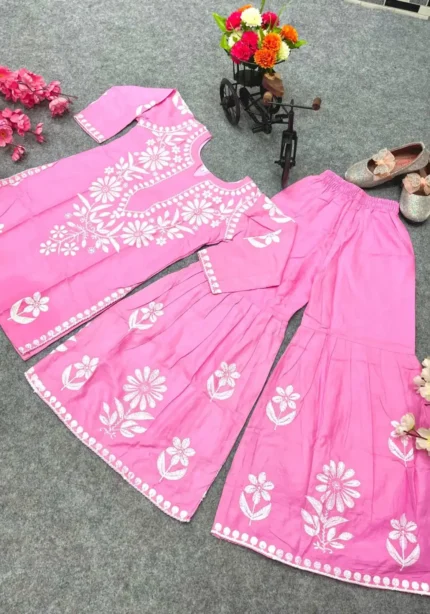 Rayon Cotton Embroidered Top & Sharara for Kids