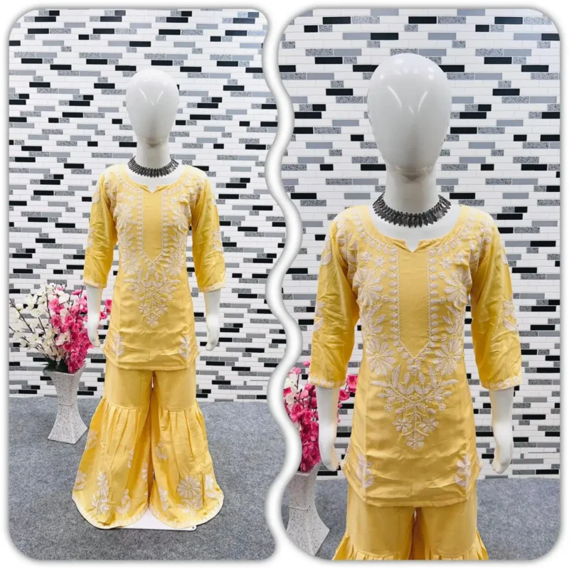 Rayon Cotton Embroidered Top & Sharara for Kids