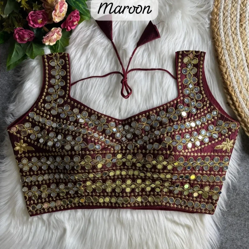 Real Hand Mirror Work Sleeveless Party Wear Blouse