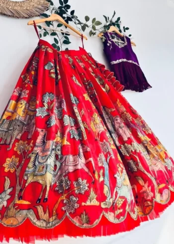 Red Chinon Silk Kalam Kari Printed Lehenga for Kids